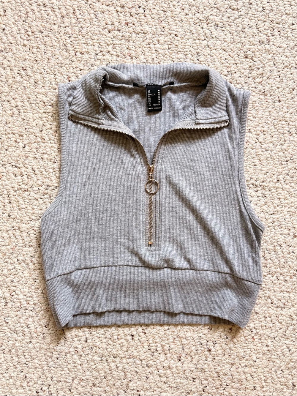 Grey Ribbed Cropped Zip-Up Tank Top